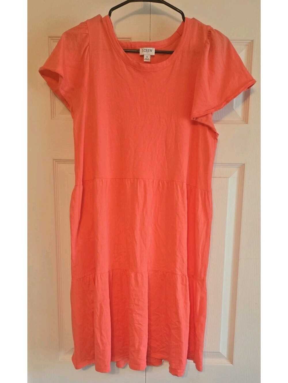 J Crew Tiered Light Weight Cotton flutter sleeve knit Summer Dress pink S Boho